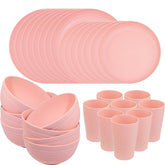 Conjunto Supernal vajilla rosa de paja de trigo para 8 personas, ideal para mesa al aire libre.