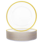 Supernal plato cargador transparente con borde dorado de cuentas para realzar vajilla.