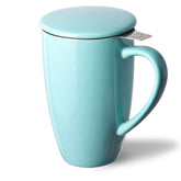 Taza infusor Sweejar de porcelana turquesa con tapa, ideal para té de hojas sueltas.