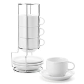 Sweese tazas cappuccino de porcelana apilables con platillos y soporte metálico para ahorro de espacio