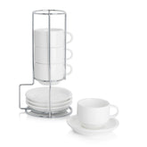 Tazas Sweese espresso apilables 2.5 oz con platillos y soporte metalico, ahorro de espacio.