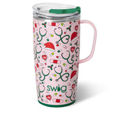 Swig Life 22 oz con asa y tapa, ideal para bebidas frías o calientes en movimiento.