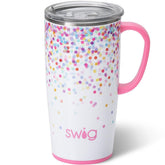 Swig Life 22oz taza de viaje con asa y tapa confeti, ideal para llevar bebidas.