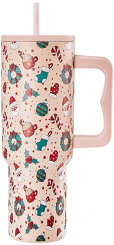 Vaso navideño TaroKitc 40oz con asa, ideal para llevar.
