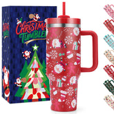 Vaso térmico TaroKitc navidad 40oz en mano para bebidas festivas y a temperatura constante.