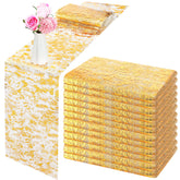 Mantel dorado de malla Tatuo 11x84 pulgadas para bodas elegantes.