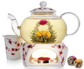 Tetera Teabloom de cristal revelando la floración del té.