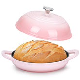 TeamFar horno de hierro esmaltado rosado 6 Qt, exterior brillante para pan crujiente.