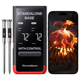ThermoMaven P2 base con pantalla inteligente muestra lecturas en tiempo real para cocinar.