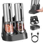Molinillos Tomentific con base desmontable para carga y almacenamiento práctico.