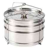 Tomotato pan inserto apilable, vista superior, tres niveles para cocinar varios alimentos a la vez.