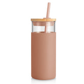 Tronco tumbler vidrio 20oz con tapa de bambú, mantiene la bebida a temperatura adecuada.