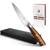 TUO Cuchillo de utilidad de 5 pulgadas con mango pakkawood, cómodo para cortes finos.