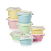 Conjunto Heritage de Tupperware: boles apilables con tapa diseño sol, ahorro de espacio en cocina.