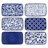 Plato rectangular Selene de Vancasso con diseño floral azul y blanco para ensaladas.