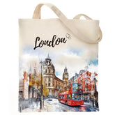 VeloKomo London tote con autobus rojo de dos pisos, ideal para viajes urbanos.