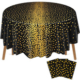 Mantel VitalCozy redondo con lunares negro dorado, ideal para cenas elegantes.
