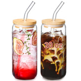 VITEVER vasos de cristal 20 onzas con tapas de bambú y pajilla; ideal para refrescos y café helado.