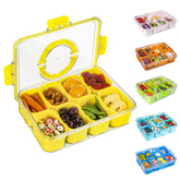 Bandeja WACOI dividida con tapa amarilla para snacks ordenados durante el viaje.