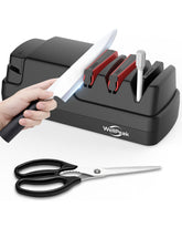 WELLPEAK afilador eléctrico para cuchillos muestra las 4 etapas para un filo profesional.