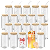 Vasos Wheathusk de vidrio 16 oz con tapas de bambú, ideales para bebidas frías con estilo.