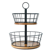 WILDMOS frutero dos niveles en hierro con base de madera para encimera ordenada.