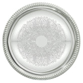 Winco CMT-14, bandeja redonda cromada con borde gadroon, ideal para servicio elegante en eventos.