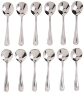 Winco Cucharas Bouillon Dots, vista general, conjunto elegante para mesas modernas.