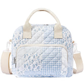 WOBAGMEN bolsa de almuerzo acolchada con diseño floral azul, ideal para llevar comida con estilo.