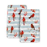Toallas Wovoto con cardenales de invierno, textura suave y absorbente.