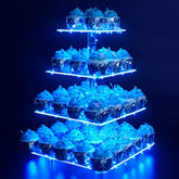 YestBuy porta cupcakes acrílico 4 niveles azul, exhibición elegante para postres.