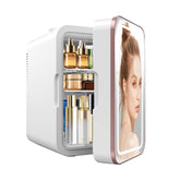 YLFU Skincare Fridge con espejo LED para iluminación clara en la rutina.