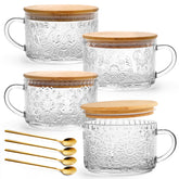 Vasos YORY de vidrio vintage con tapa de bambú y cucharas para bebidas y desayunos.