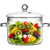 Olla Yovexal de vidrio claro con tapa y mango, ideal para control visual durante la cocción.
