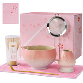 Conjunto ZENS Matcha: tazón rosa Sakura para ceremonia suave en casa.