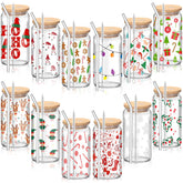 Vasos navideños Ziliny de 16 onzas con tapa de bambú y pajilla de cristal, ideales para brindis.