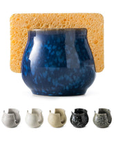 Zoeeker porta-esponjas cerámico azul visto de frente, ideal para mantener la encimera ordenada.
