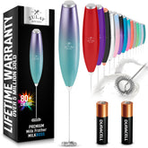 Zulay Kitchen Milk Frother Aurora, vista frontal con baterías AA para uso inmediato.