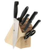 Conjunto de cuchillos ZWILLING Four Star Anniversary con bloque de madera para almacenamiento seguro.