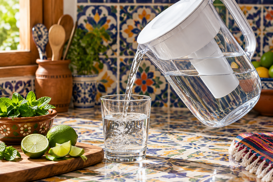 Jarra de vidrio con filtro de agua sirviendo agua en un vaso sobre una barra de cocina mexicana con azulejos