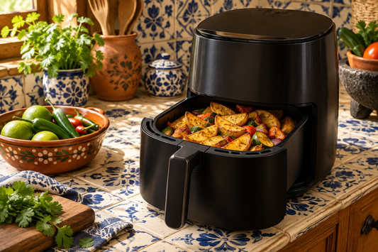 Freidora de aire sobre una barra de cocina mexicana con azulejos de talavera, papas y verduras doradas en la cesta