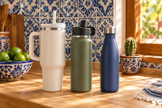 Tres botellas térmicas de acero inoxidable de distintos tamaños sobre una barra de cocina mexicana con luz de mañana