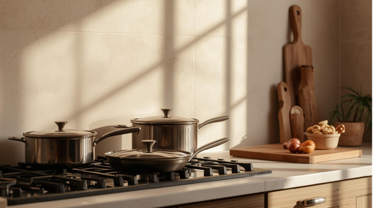 Sartenes y ollas listas para cocinar en una cocina moderna mexicana