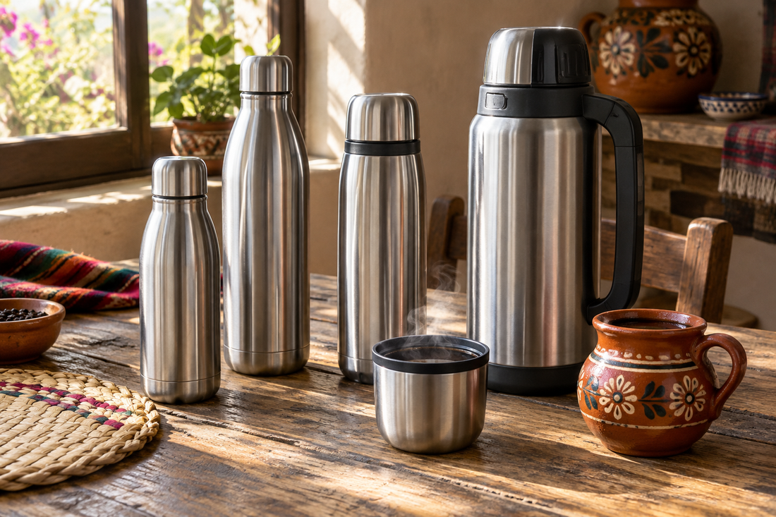 Termos de acero inoxidable de distintos tamaños sobre una mesa de madera con café humeante y una taza de barro