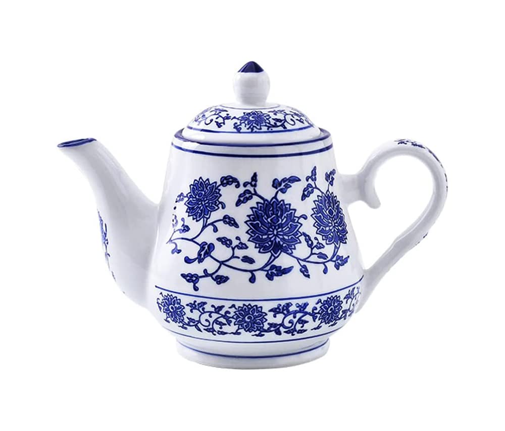 Tetera 123Arts de cerámica azul y blanca con tapa para té.