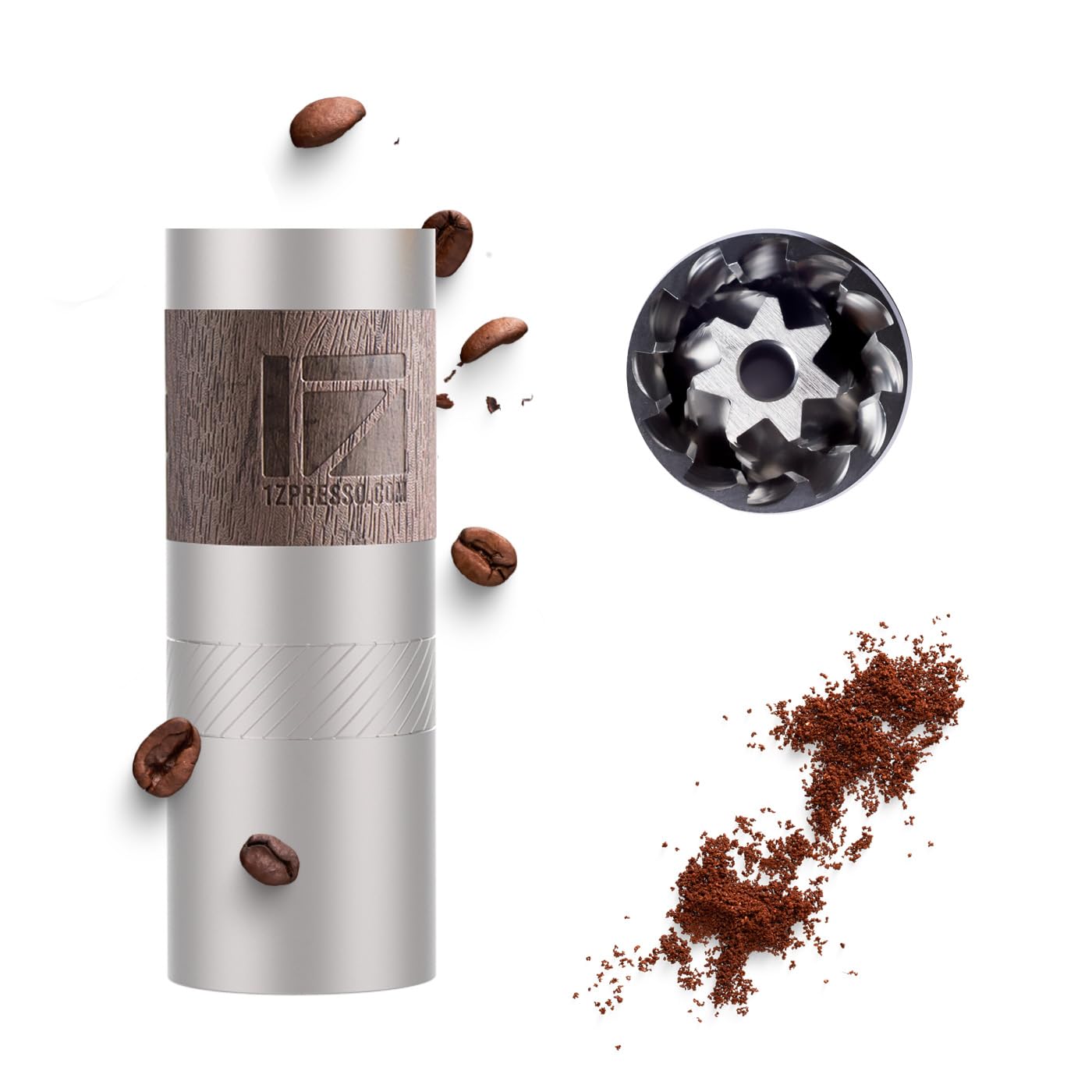 El molinillo 1Zpresso Q con mango plegable, ideal para viajar ligero.