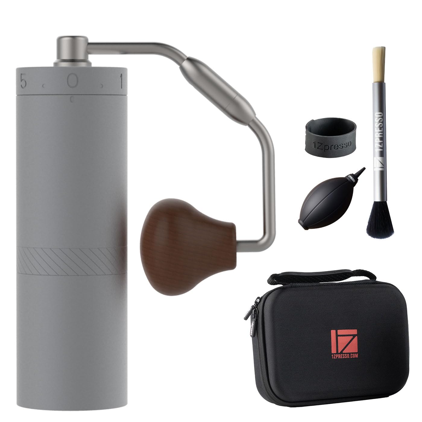 Molino 1Zpresso X-Ultra con cuerpo metálico gris para uso diario.