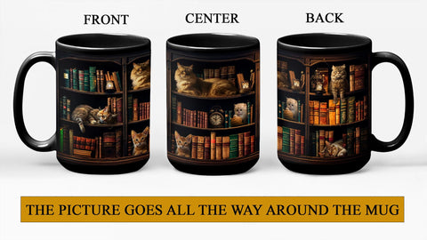 La taza 2IMT muestra patrón de libros y felinos, perfecto para amantes de la lectura.