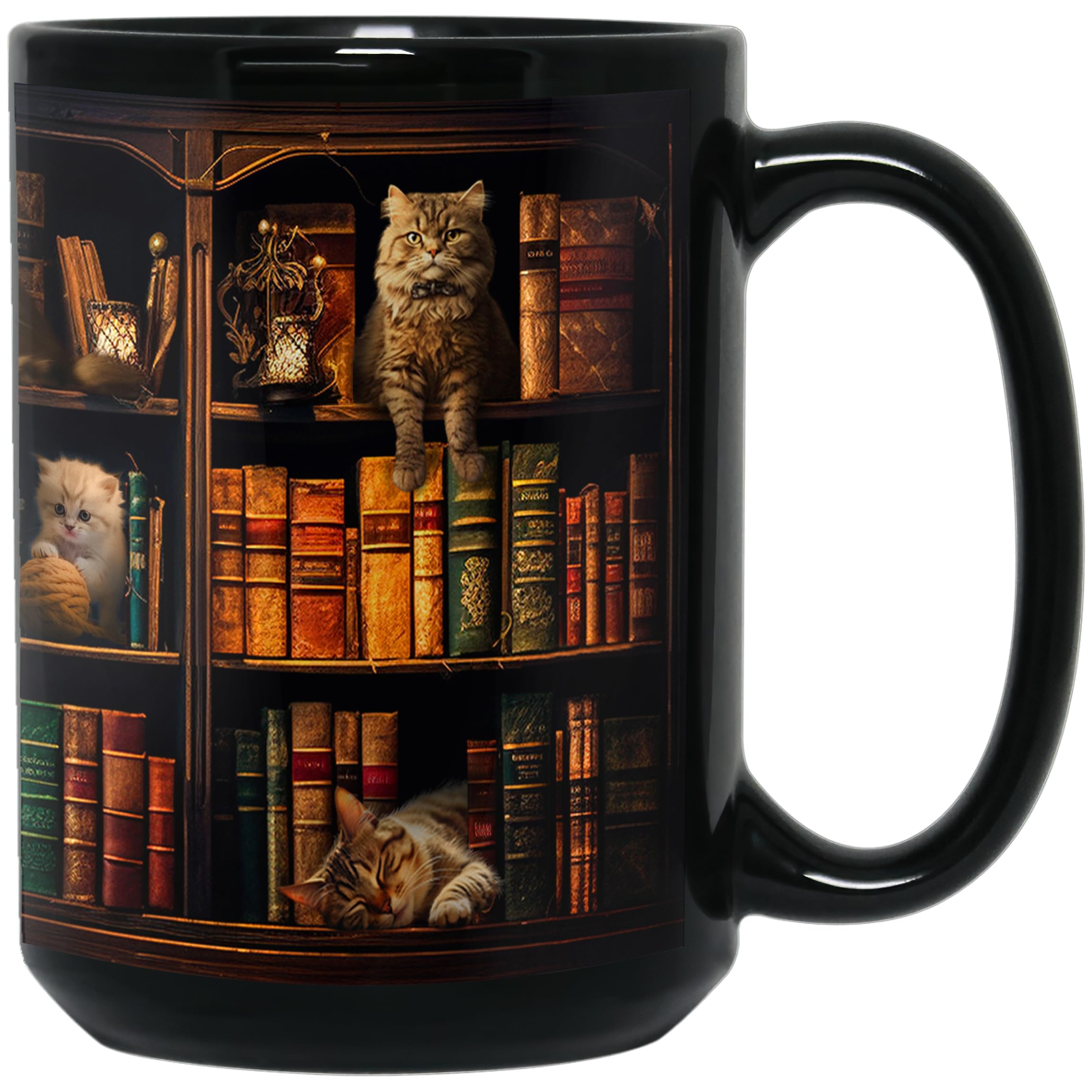 Taza 2IMT con diseño estantería y gatos, ideal para lectura y café.