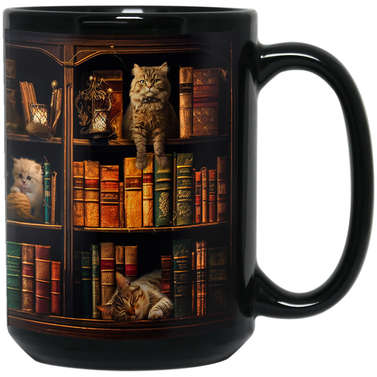 Taza 2IMT con diseño estantería y gatos, ideal para lectura y café.